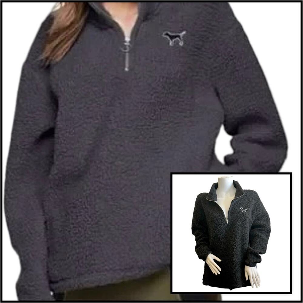#T4 Victoria's Secret Pink Sherpa Boyfriend Quarter Zip Sweater Pullover M $79